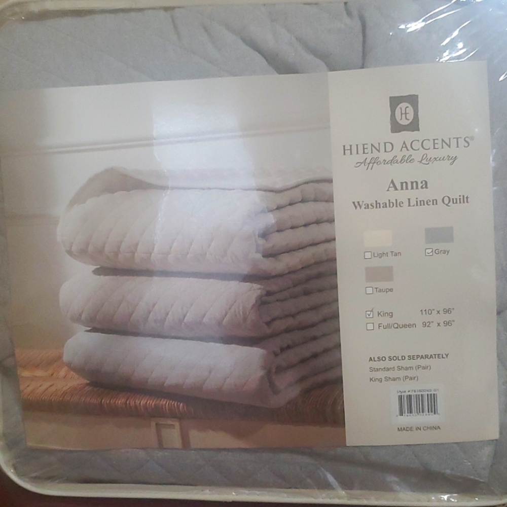 Hiend Accents Anna washable linen quilt King size gray